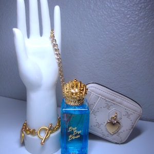 Vintage JUICY COUTURE ACCESSORIES - Off-White Leather, Chain Strap Wristlet - G.P. Dangling Heart Bracelet & Bye Bye Blues Spray Perfume