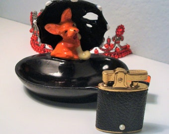 Vintage Working LIGHTER & TERRIER ASHTRAY - Black w/ Faux Pearl Accent Working Buxton Lighter and Orange/Black Dog w/ Umbrella Ashtray