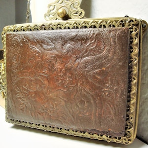 Vintage BRASS & LEATHER HANDBAG  - Antique Art Nouveau Brass Frame w/ Tooled Oriental Motif Leather Panels, Silver-Metal Chain Link Handbag