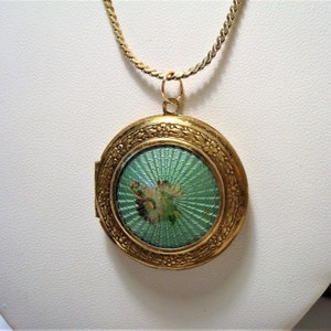 Antique GUILLOCHE LOCKET NECKLACE - Green Enamel Guilloche w/ Handpainted Floral Motif Brass Photo Locket Gold-Plated Chain Necklace
