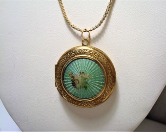 Vintage Guilloche Locket Necklace: Green Enamel Floral Brass Photo Pendant