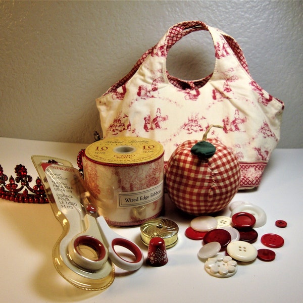 Vintage RED TOILE BUNDLE - Red Toile Crafting/Sewing Bundle: Ribbon, Scissors, Buttons (40), Apple Pincushion, Thimble & Gold Measuring Tape