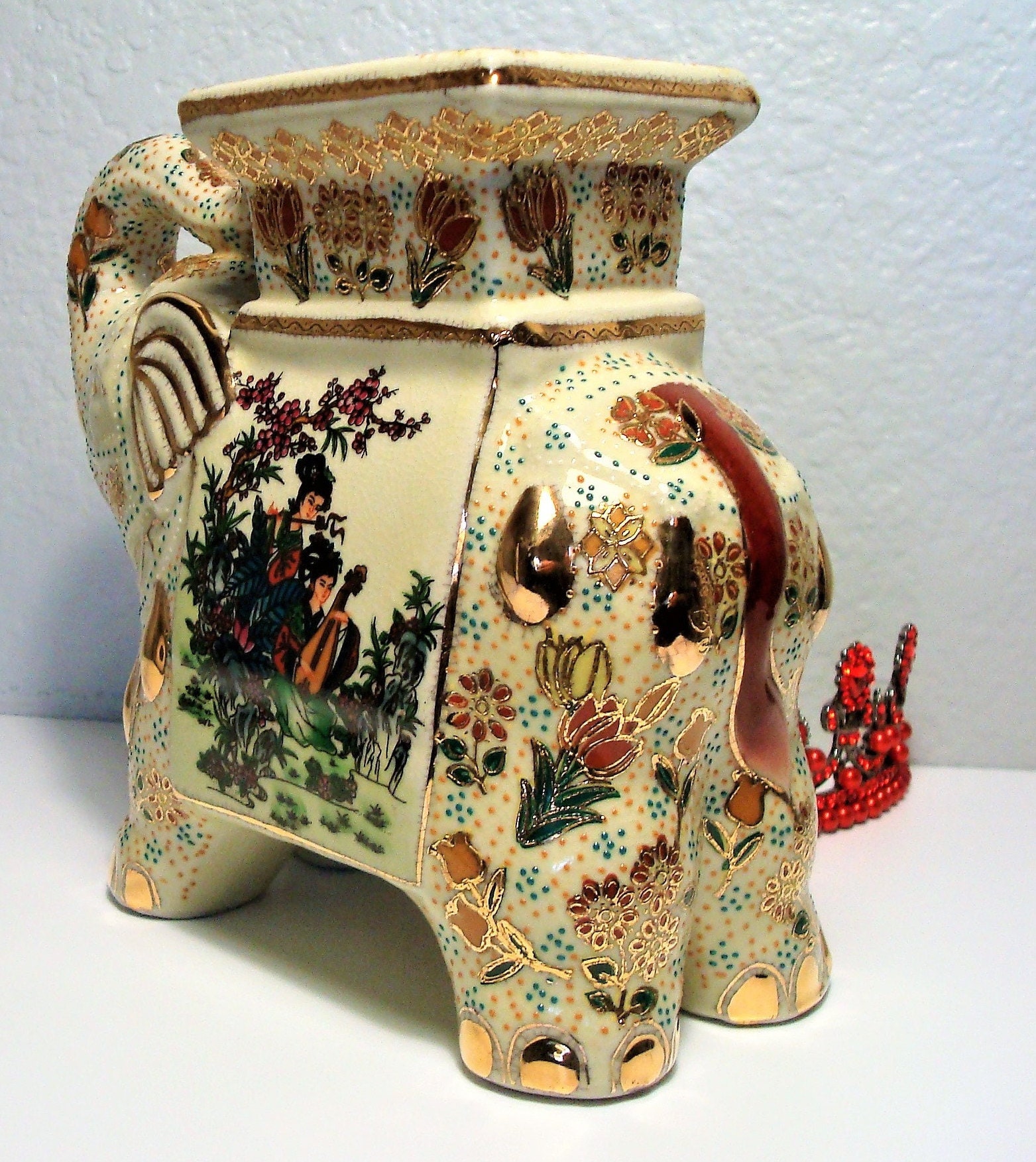 Vintage SATSUMA ELEPHANT STAND Ornate Asian Ivorycolored Etsy