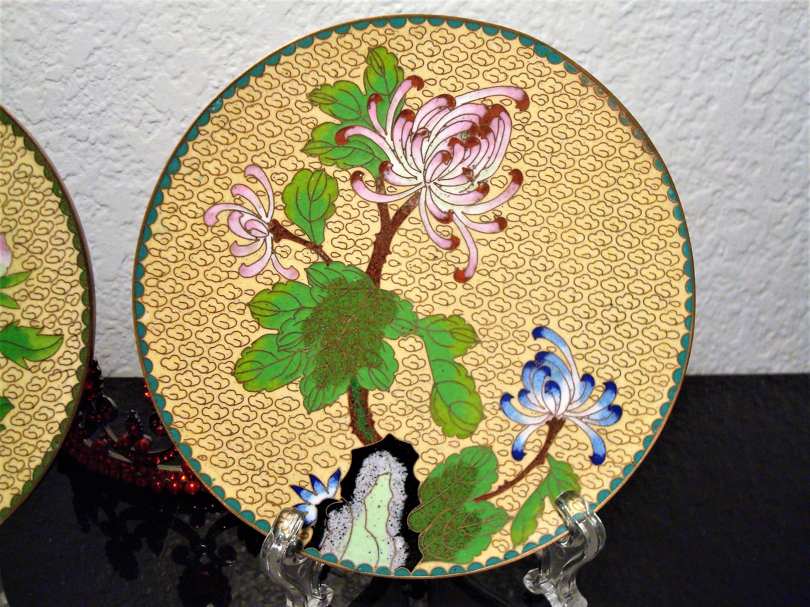 Vintage PAIR CLOISONNE PLATES Yellow Green & Blue Cloisonné Etsy