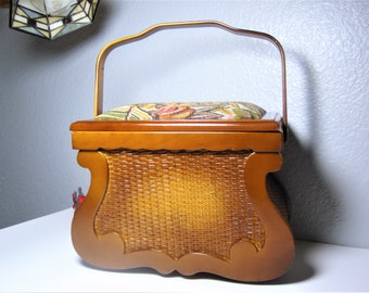 Vintage WOOD SEWING BASKET - Unique Scrolled Wood Framed Sewing Basket - Woven Wicker Sides - Removable Tray - Pincushion  - Footed - Handle