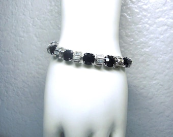 Vintage Vendome Rhinestone Bracelet & Earrings Set: Jet Black Crystal Baguette