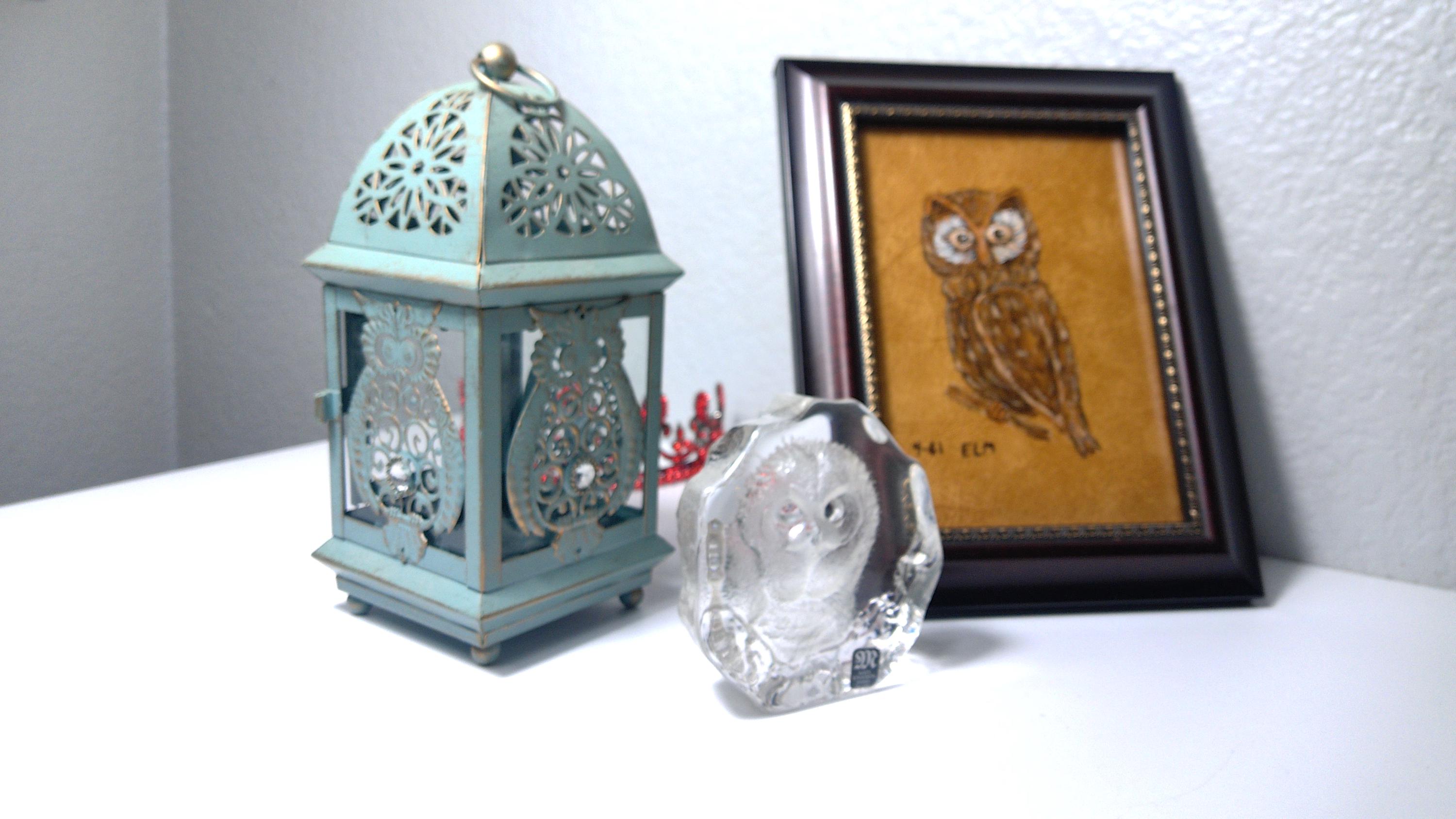 Vintage Owl Decor Trio: Hand-Painted Art, Mats Jonasson Crystal, Green Metal Lantern
