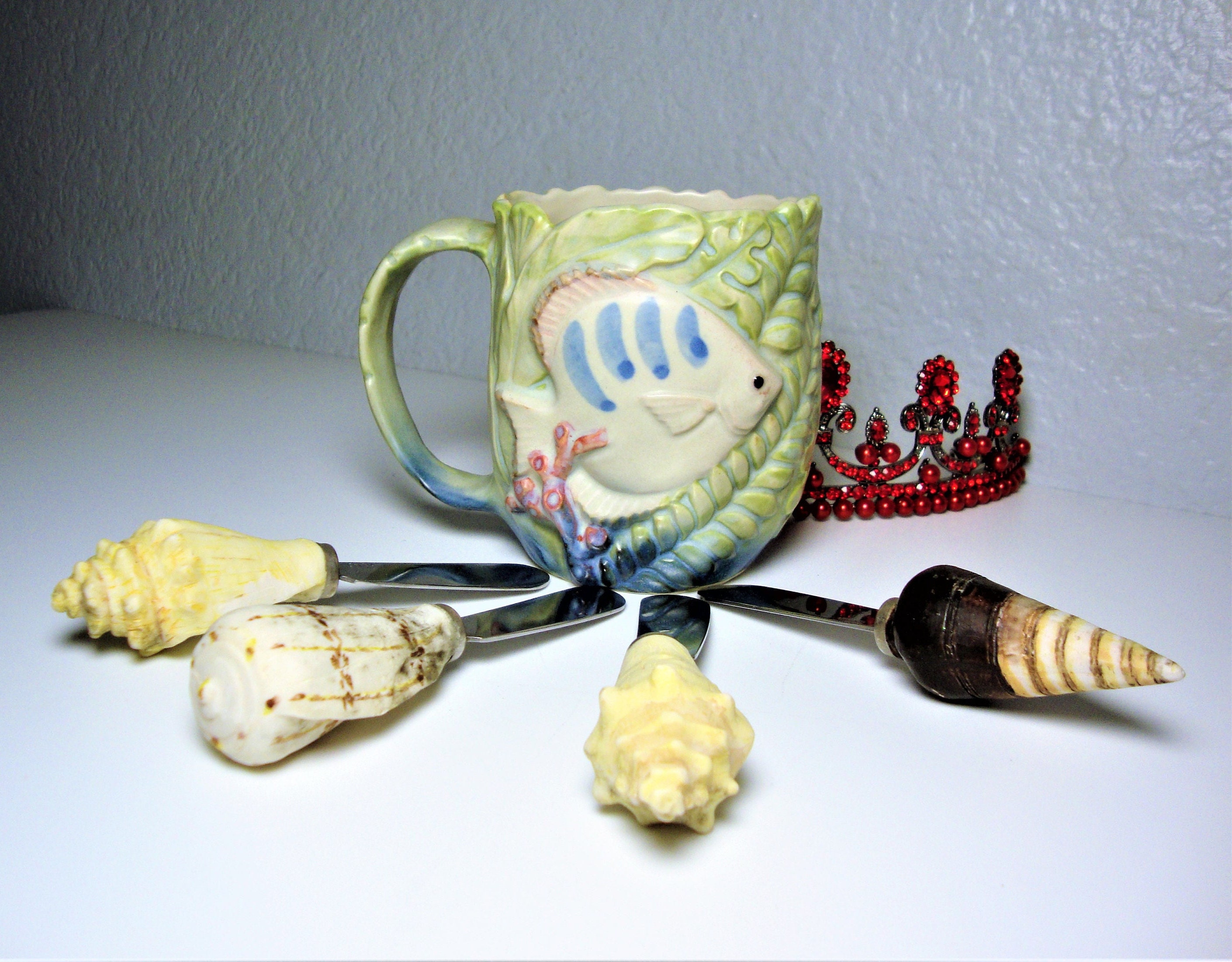 Vintage Takahashi Fish Mug Set With Seashell Spreaders - Coastal