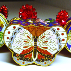 Vintage CLOISONNE BUTTERFLY BOXES (3) - Cloisonné Butterfly Boxes: Scented Candle Butterfly Box & Two-Round Hinged Butterfly Motif Boxes
