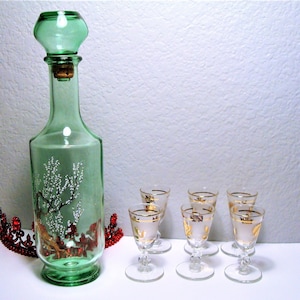 Vintage MCM DECANTER & GLASSES (6) - Green Glass M.C.M. Decanter, Gold/White Tree Art, Glass Stopper and Set Six Small Cordial-Shot Glasses