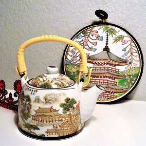 Vintage PAGODA TEAPOT & TRIVET - Pagoda Motif Small Porcelain Yu Tai Teapot w/ Trivet with Cork Back, Black Cord Trim/Loop - Ready to Hang -