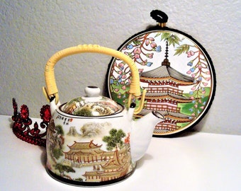 Vintage PAGODA TEAPOT & TRIVET - Pagoda Motif Small Porcelain Yu Tai Teapot w/ Trivet with Cork Back, Black Cord Trim/Loop - Ready to Hang -