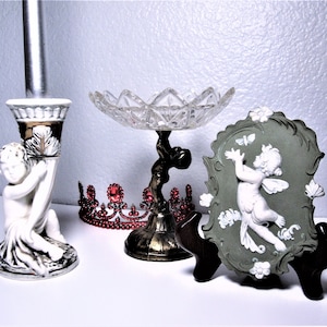 Vintage CHERUB DECOR TRIO - White/Gold Candlestick, By Lefton&#39;s - Brasstone Metal/Glass Candydish - Green/White Porcelain Plaque, By Arnart