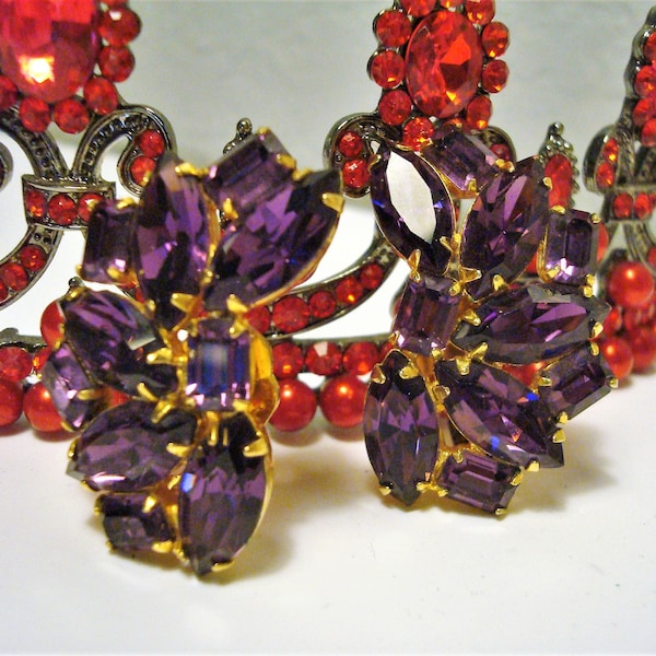 Vintage WEISS CRYSTAL EARRINGS - Purple Crystal Cluster Goldtone Clip-on Earrings - By Weiss