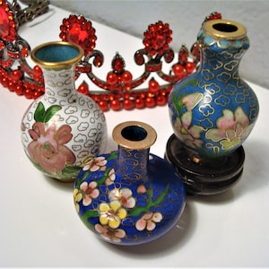 Vintage MINIATURE CLOISONNE VASES (3) - Set Cloisonné Vases Pink Floral Motif: Rare Shaped-Cobalt Blue, Taller-White & Blue on Wood Stand