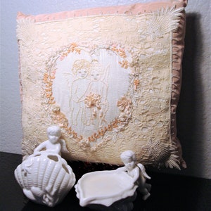 Vintage CHERUB BOUDOIR DECOR - White Porcelain Cherub Soap Dish & Toothbrush Holder w/ Embroidered Cherub, Lace Applique Pink Moire Pillow