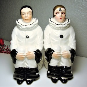 Vintage MANN PIERROT BOOKENDS - Black, White & Gold Ceramic French Pantomine Pierrot Couple 6.5&quot; H Bookends - Commedia Dell&#39;Arte Characters
