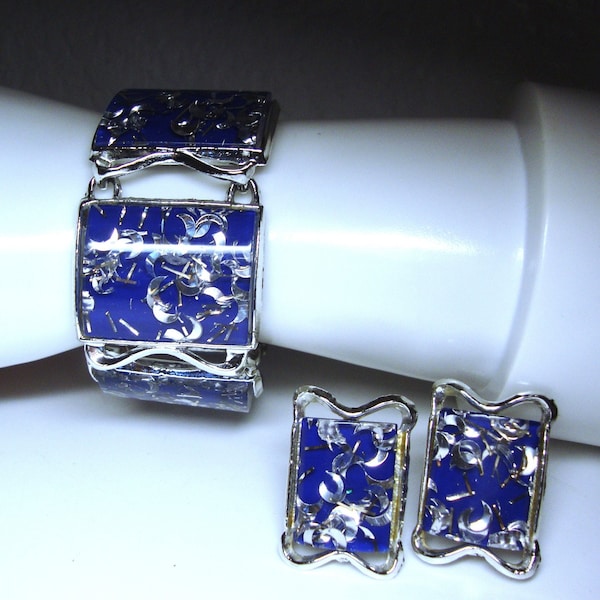 Vintage CONFETTI BRACELET & EARRINGS - Royal Blue, Silver Confetti Lucite Panel Silver-Metal Bracelet - Matching Clip-On Earrings - By Pam