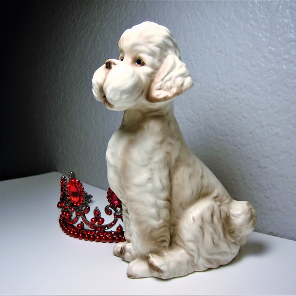 Vintage PORCELAIN POODLE STATUE - Porcelain Off-White and Brown Accents Poodle Statue - Stands 7" High, 4" Long and 2.25" deep