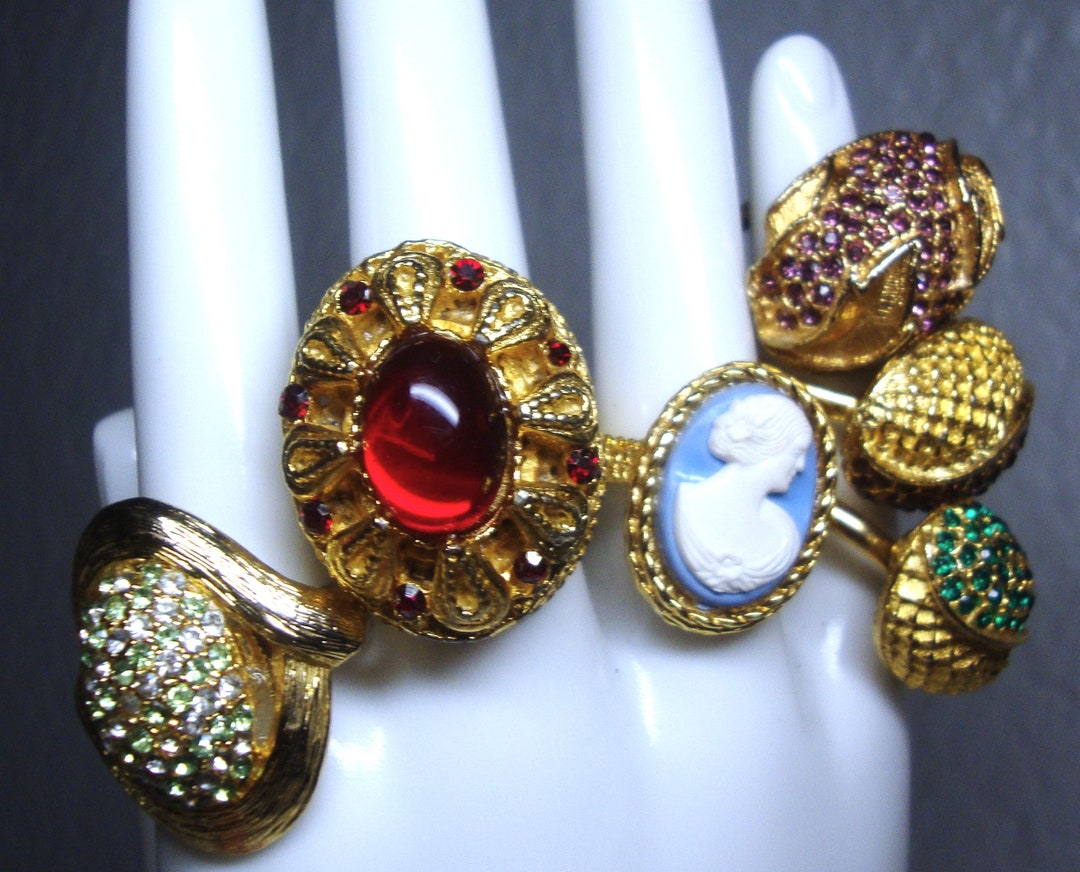 Costume Rectangular Rings Vintage COSTUME RING BUNDLE (6 Rings) - Gold Plated Rhinestone and ...