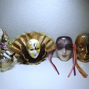 Vintage HARLEQUIN DOLL & DECOR - Rotating Music Box Harlequin Doll on Pillow - Harlequin Face w/ Stand - Porcelain and Brass Harlequin Masks
