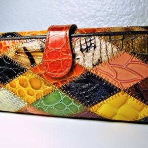 Vintage TEMANLI PATCHWORK WALLET Ladies Genuine Leather Tri Fold Wallet Multi Color Patchwork By Temanli