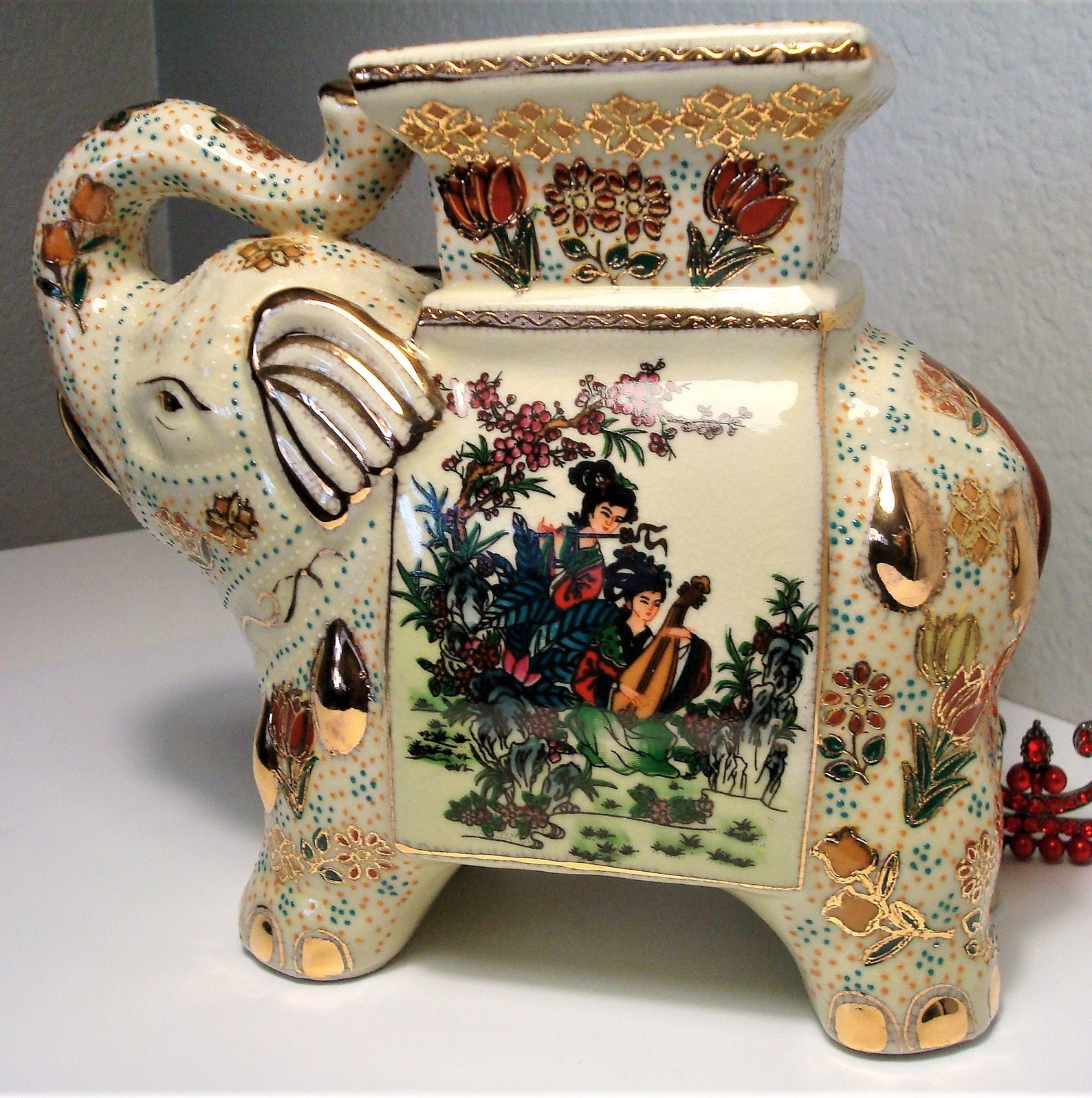 Vintage SATSUMA ELEPHANT STAND Ornate Asian Ivorycolored Etsy