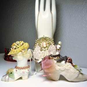 Vintage SHOE & PURSE COLLECTION: Handmade Antique Shoe and Boot Pincushions - (3) High Heel Shoe Brooches - Mini Cameo Purse Ornament