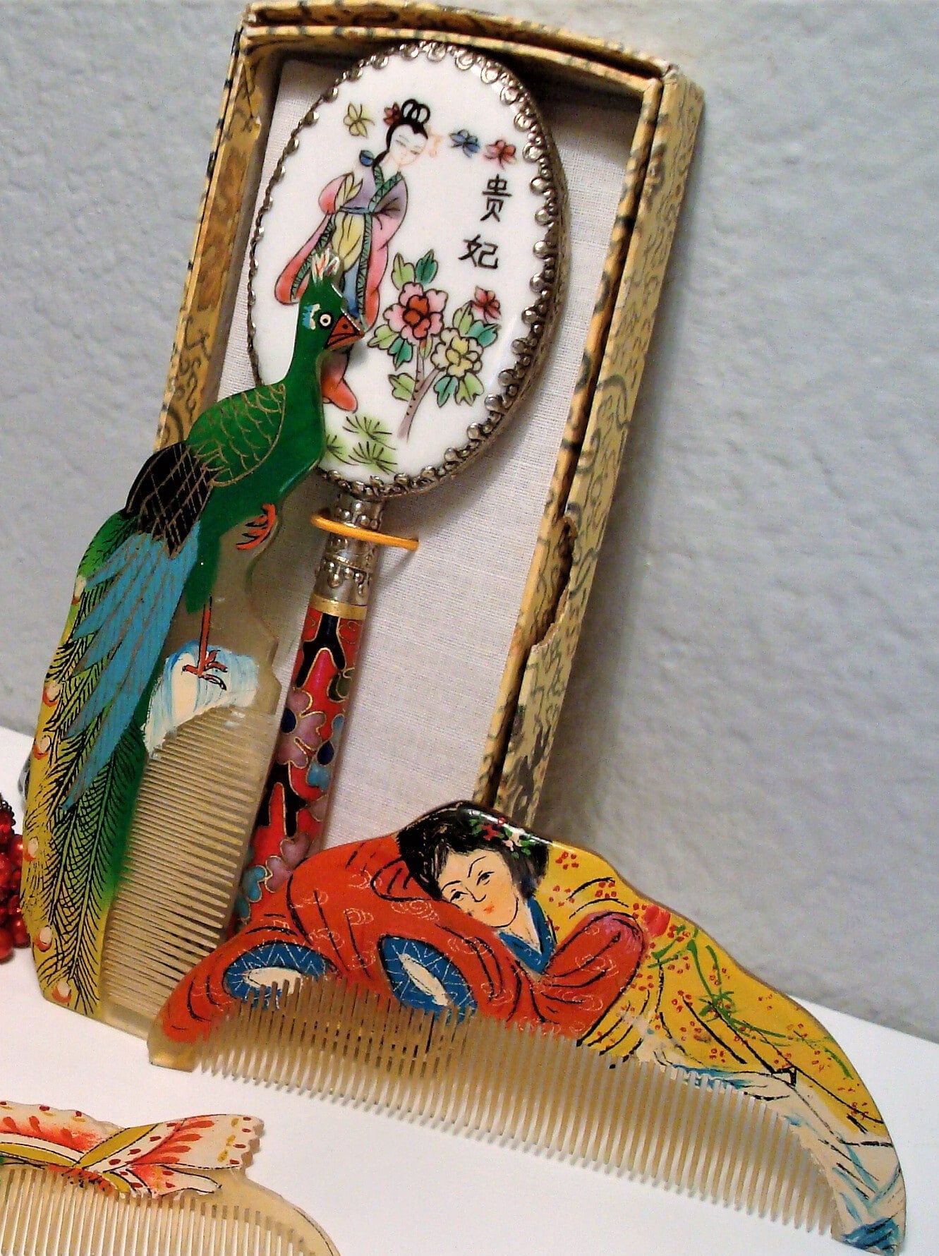 Beautiful Cloisonne Brass Peacock Mirror and Comb Set New 18d17fc9-96ed-4f6d-b5f0-  main image 2