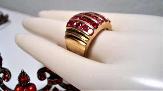 Vintage S.S. VERMEIL SPINEL RING - Rows of Red Sp… - image 4