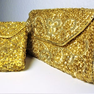 Vintage PURSE & CIGARETTE CASE - Gold Sequined with Silver Beads Cigarette Holder Case and Envelope Clutch Purse