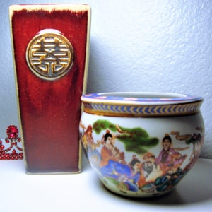 Vintage ORIENTAL VASE & PLANTER - Ceramic Brown/Stone Color Vase, Oriental Double-Sided Emblem - Oriental Garden Scene Planter Approx. 4&quot; H