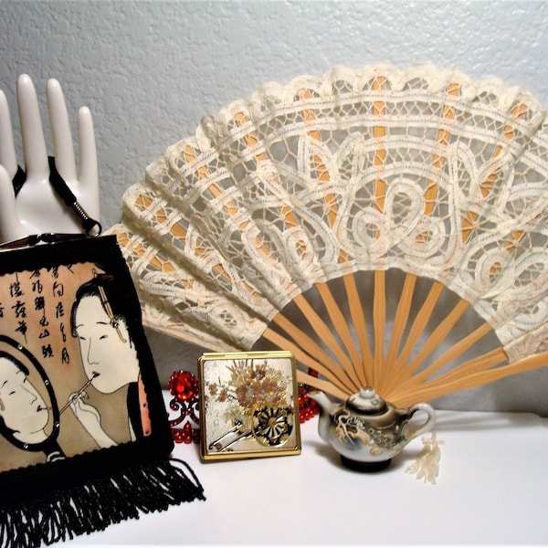 Vintage ORIENTAL DECOR/ACCESSORIES (4) - Liz Soto Geisha Accented Purse, Ivory Lace Fan, Chokin Mirror Compact and Mini Dragonware Teapot