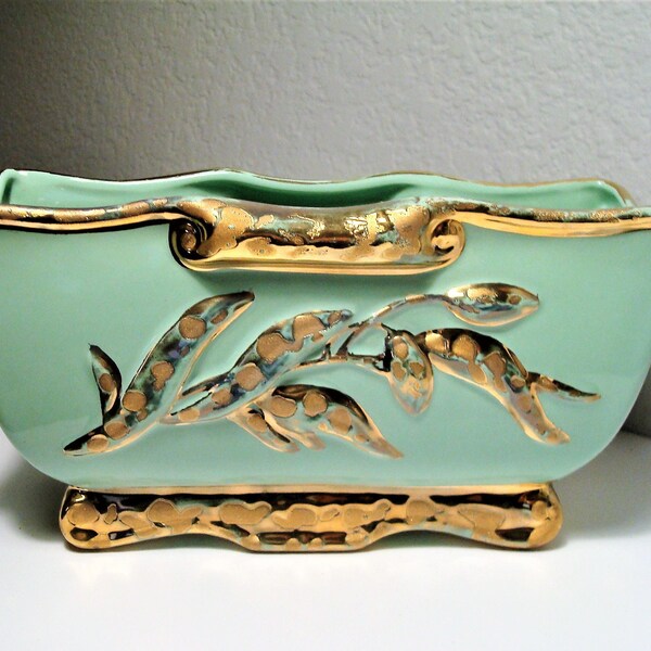 Vintage MINT-GOLD PLANTER - Mint Green & 24K Gold Accented Rectangle Planter - Made in the U.S.A.