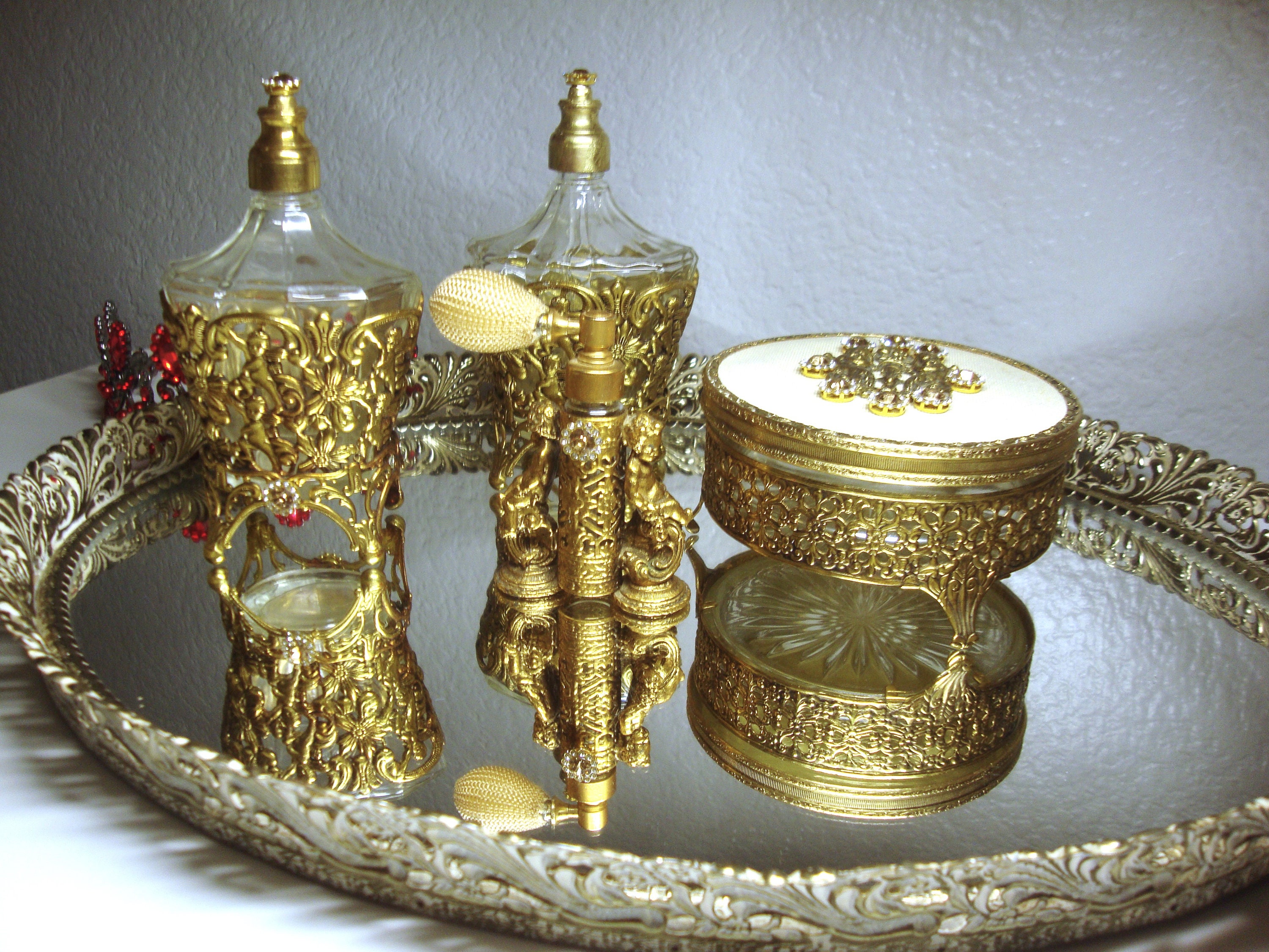 Vintage VANITY TRAY & ACCESSORIES - Ornate Gold/White Vanity Tray - Rhinestone Accented Cherub Motif, Perfume Bottles (3) and Powder Jar