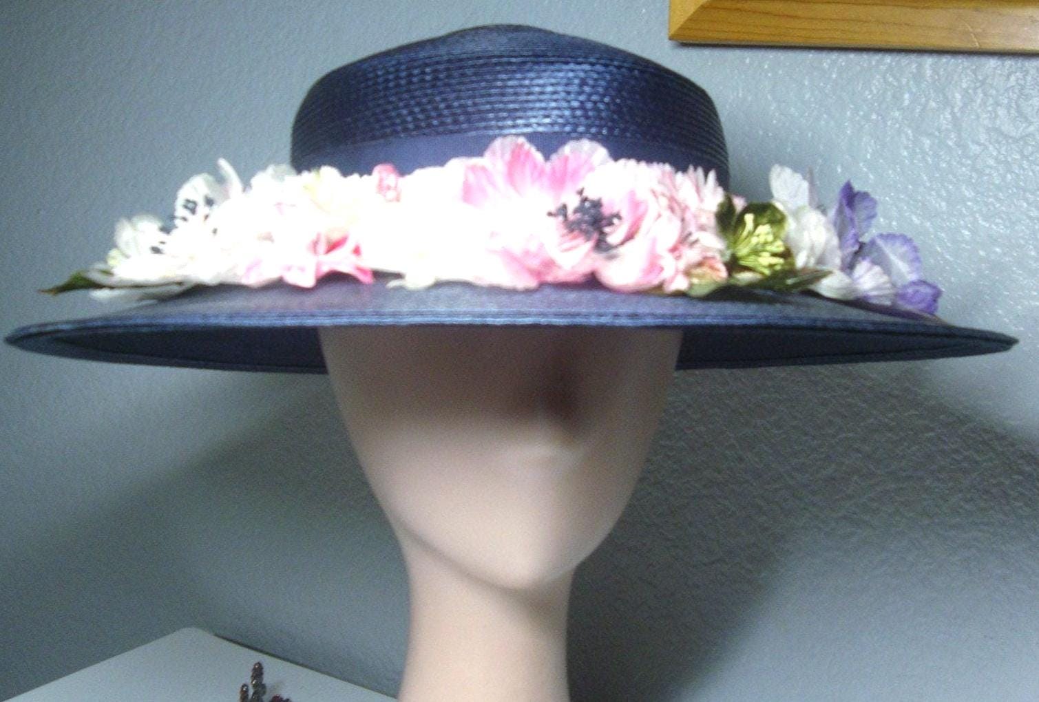 Vintage Navy Blue Straw Sunhat: Wide Brim Floral Accent by  display picture 2