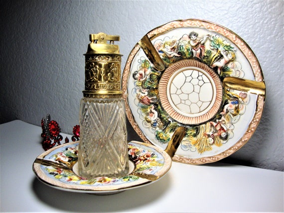 Vintage Cherub Lighter & Capodimonte Ashtray Set – Working Brass
