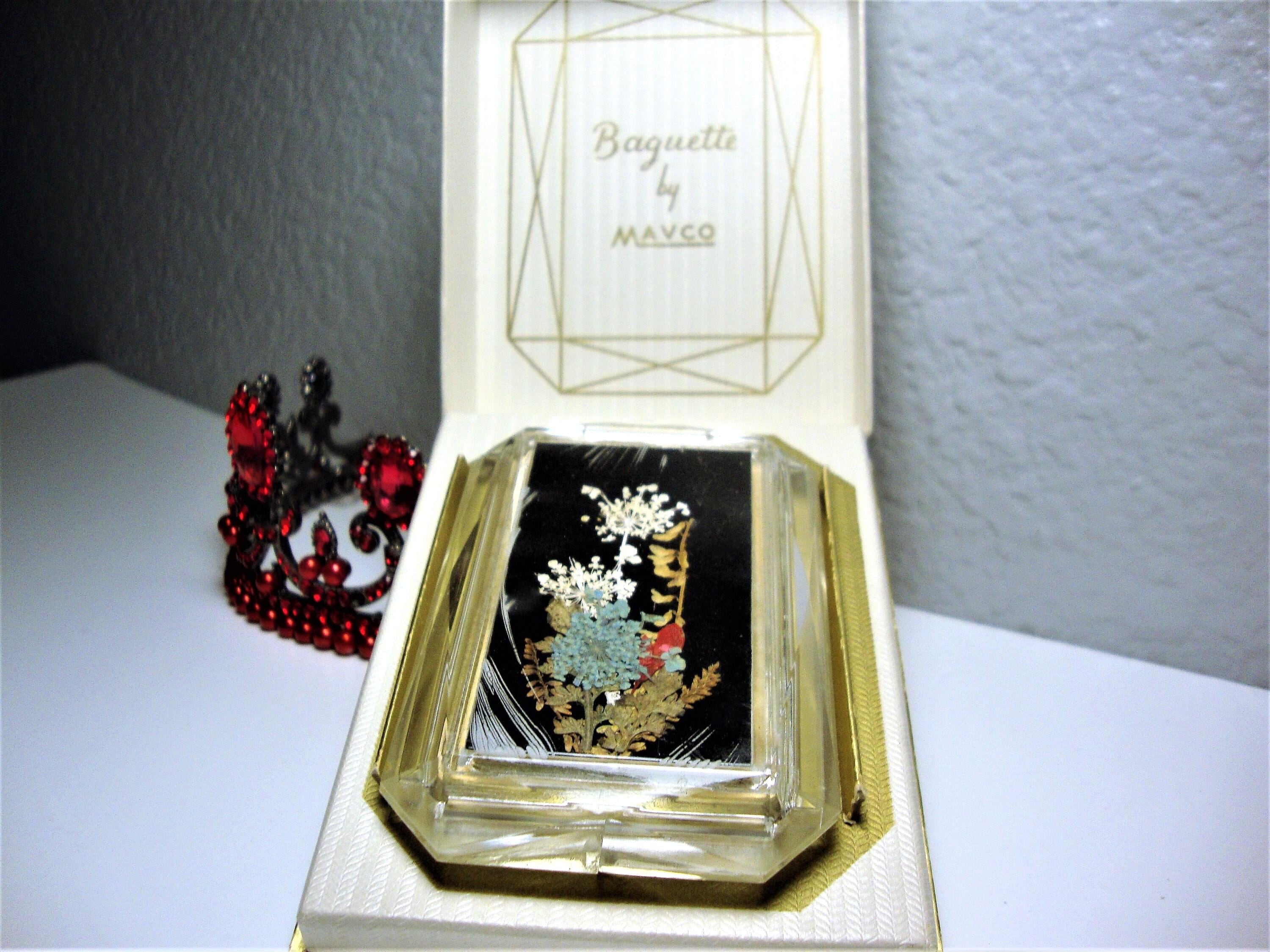 Vintage MAVCO BAGUETTE COMPACT - Genuine Pressed-Dried Flowers Faceted Clear Lucite Powder Compact - Unused - Original Pad/Screen & Box