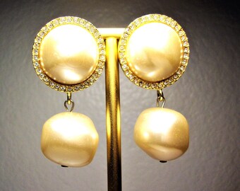 Vintage Les Bernard Faux Pearl Clip-On Earrings: Rhinestone Halo