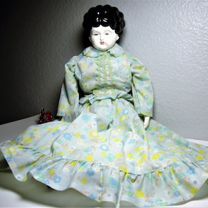 Vintage PORCELAIN DOLL 22&quot; LONG - Porcelain Head, Arms and Legs Doll - Black Painted Hair - 22&quot; Long - Green Floral Gown - Under Garments