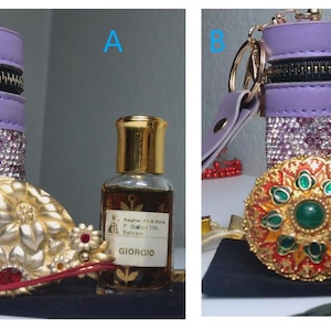 May include: Two sets labeled A and B, each featuring a lavender cylindrical keychain pouch with a black zipper and rhinestone embellishments, a small glass perfume bottle with a gold cap, and a decorative gold-toned metal compact or brooch.