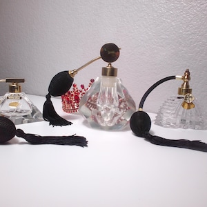 Vintage PERFUME BOTTLE TRIO - Crystal Atomizer Perfume Bottles - Black Tassel Bulbs - Two Have Original Royal Bavaria & West Germany Labels