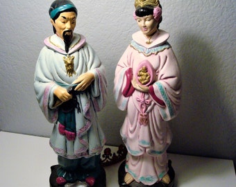 Vintage EMPEROR & EMPRESS STATUES - Tall 15.5"  Statues of Emperor and Empress with Baby - Hand-Painted Ceramic Art  - Initialed