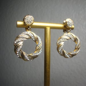 Vintage MARVELLA CLIP EARRINGS - Dangling Couture G.P. Hoop, Rhinestone Circle Couture Clip-On Earrings - 1.5&quot; L & 1&quot; W - Signed &quot;Marvella&quot;