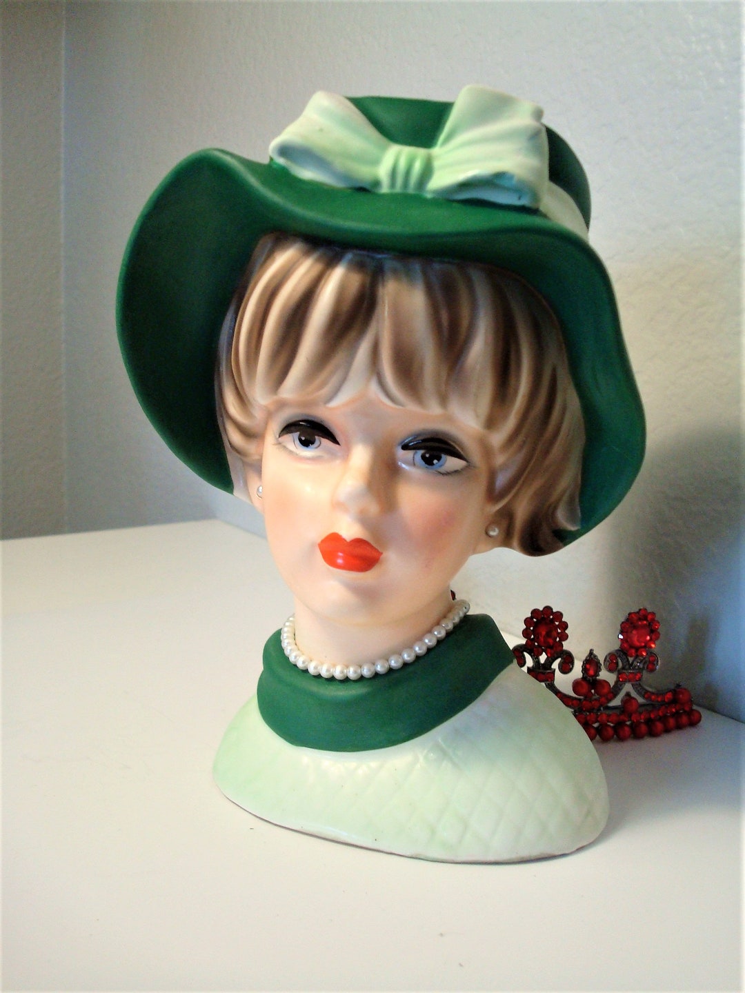 Vintage LADY HEAD PLANTER Greenhat Lady Headbust Large Ceramic
