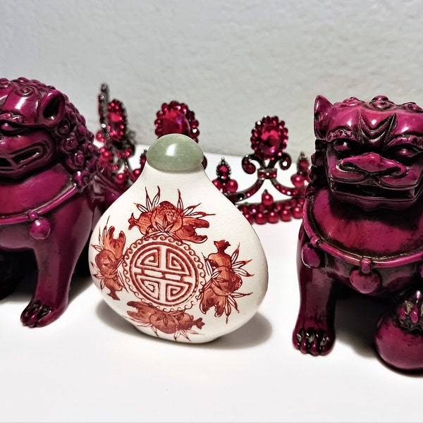 Vintage ORIENTAL DECOR ACCESSORIES - Pair of Resin Burgundy 3" High Foo Dogs and Red Pomegranates Motif Snuff Bottle White Glass, Cork Cap