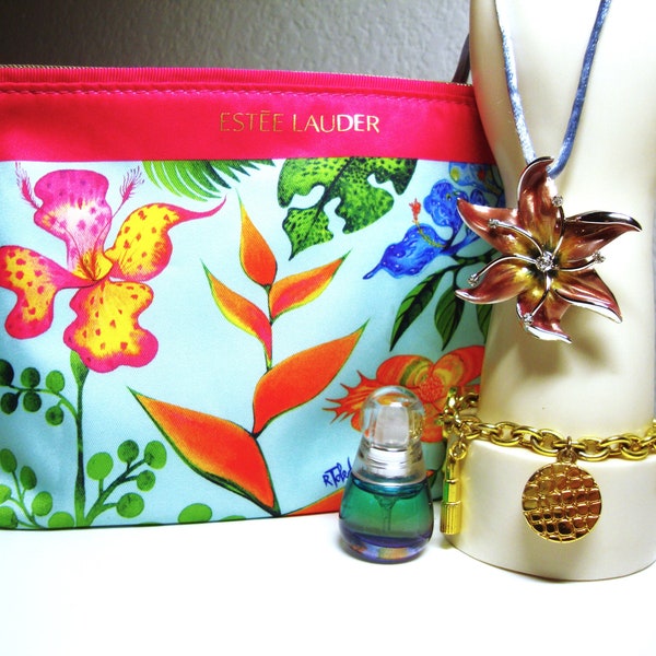 Vintage E.LAUDER PERFUME & ACCESSORIES - Estee Lauder Beyond Paradise Perfume, Rhinestone Flower Pendant - Tropical Pouch and Charm Bracelet