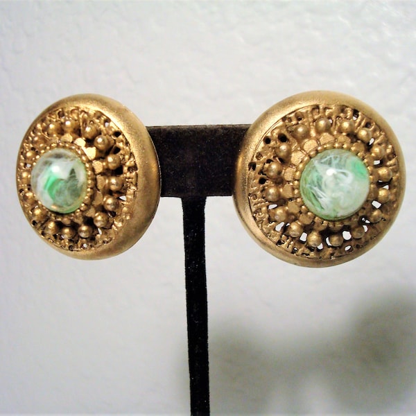 Vintage G.P. L.BERNARD CLIP EARRINGS - Green & White Glass Marble, Gold-Plated Shield Style Clip-On Earrings - Signed - By Les Bernard
