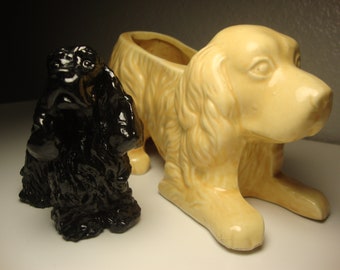 Vintage SPANIEL PLANTER & FIGURINE - Black Lacquer Spaniel Figurine, By Ron Hevener - Light-Orange Crouching Spaniel Planter, Shawnee U.S.A.