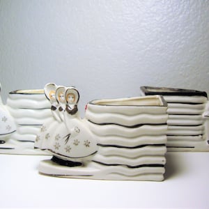 Vintage ART DECO PLANTERS(3) - Art Deco Ladies/Bonnets & Chorus Line Figural Black/White Striped Planters - Circa 1930's - Made in Japan